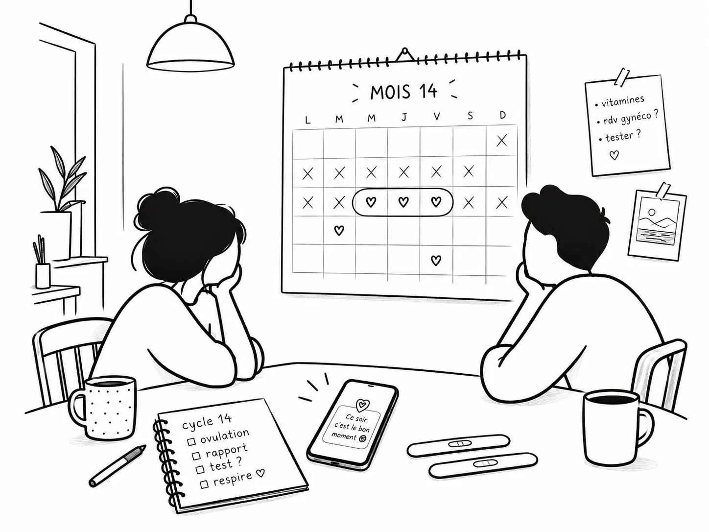 Un couple attablé devant un grand calendrier « Mois 14 ». Sur la table, un téléphone affiche « Ce soir c'est le bon moment », un carnet de cycle et deux tests.