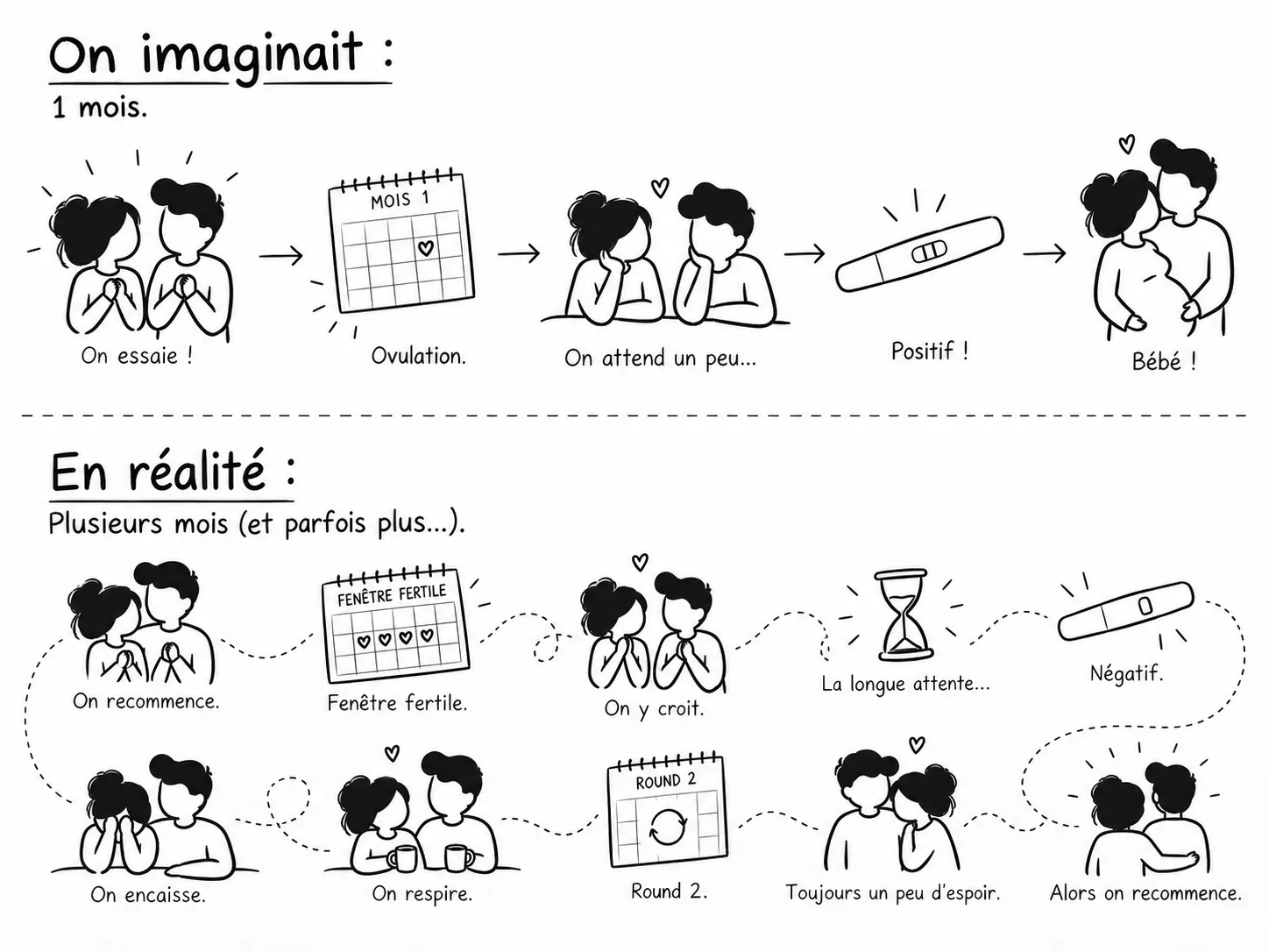 En haut, « On imaginait : 1 mois » avec une ligne droite jusqu'au bébé. En bas, « En réalité : plusieurs mois (et parfois plus) » avec un chemin sinueux.